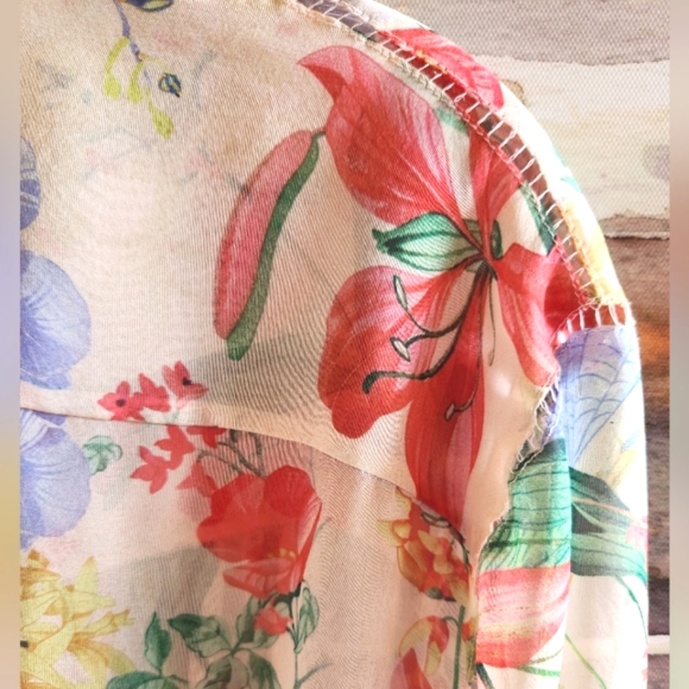 ROCHAS Gorgeous Silk ITALY Flowers Tie Bow Neck Luxury LS Sheer Blouse EUC LN 40 - Picture 9 of 16